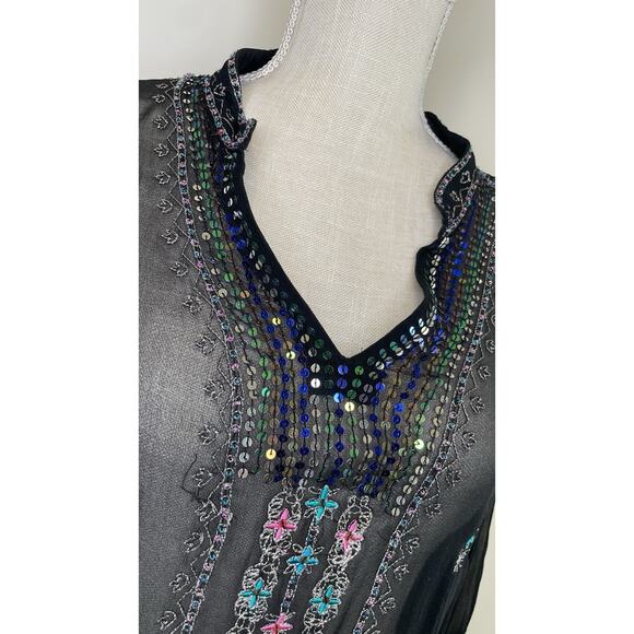 Silkland 100% Silk Black L Embroidered Beaded Sequined Blouse Sheer Rainbow - Picture 5 of 15
